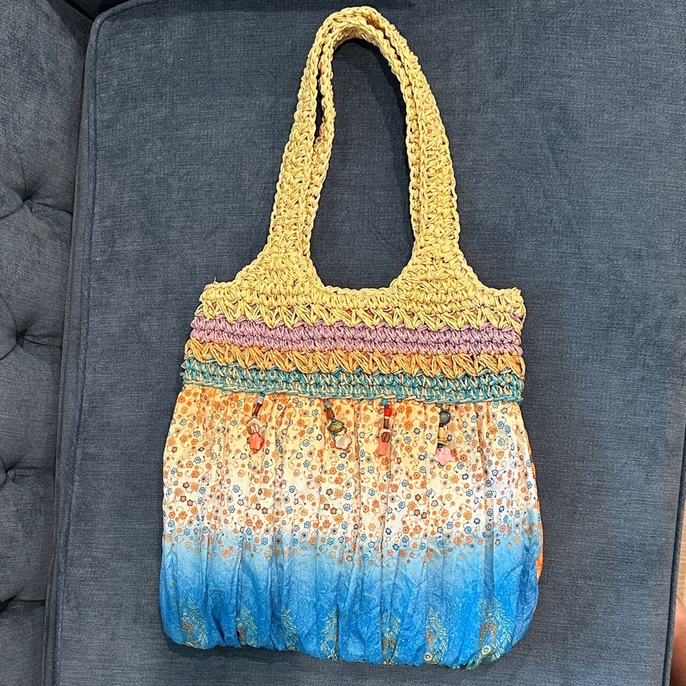 Cappelli Straworld Multicolor Crochet and Fabric Tote Bag, Beaded tassels
